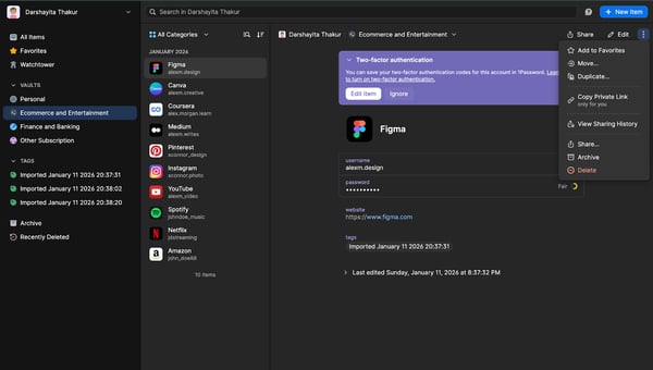 1Password vault organization