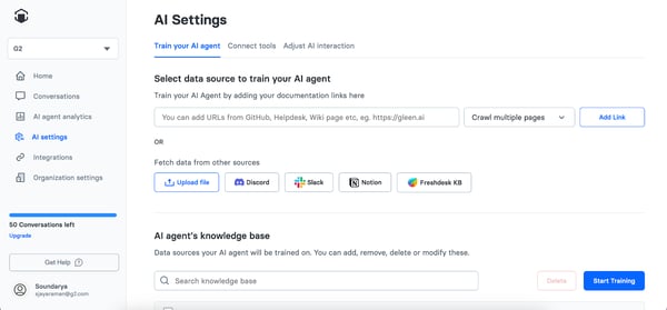 AI settings on Gleen AI to add training data for custom AI chatbot