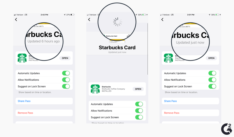 Screenshots of how to reload cards in Apple Wallet