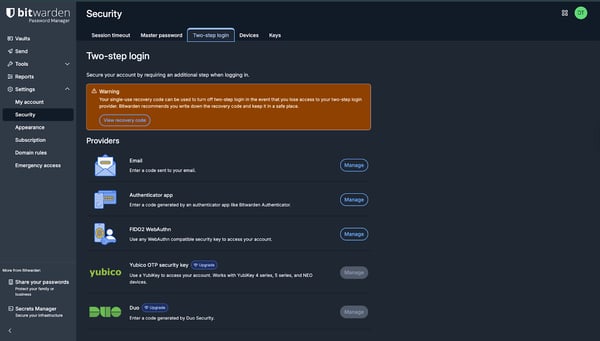 Bitwarden authentication methods