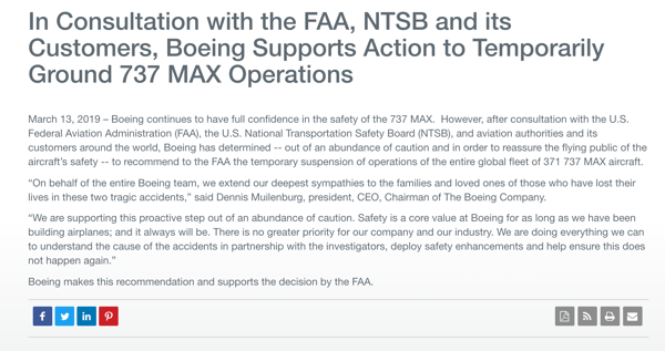 Boeing forced to ground all 737 MAX aircrafts press release