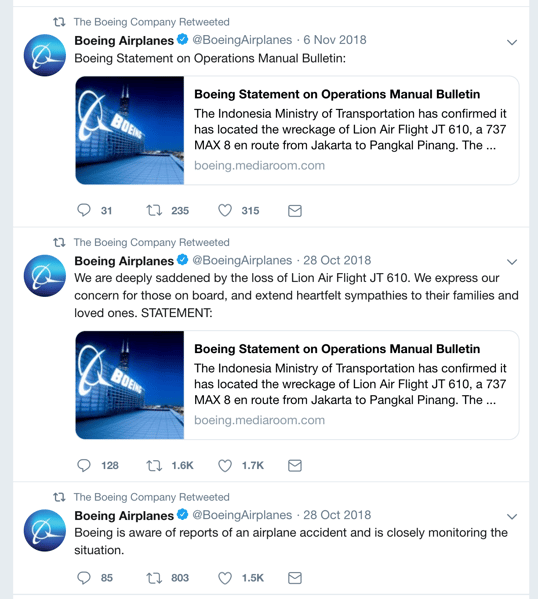 Boeing tweets about Lion Air Flight 610
