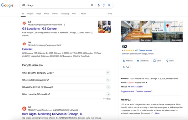 Branded Google Knowledge Panel example of G2 Chicago