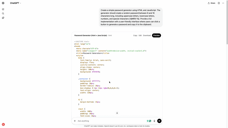 ChatGPT code creation task