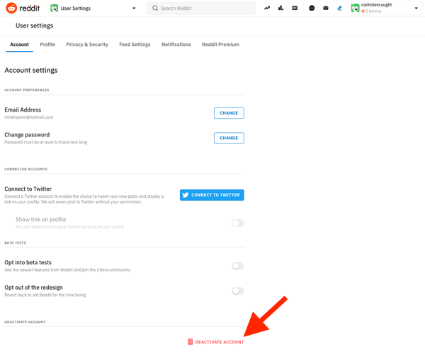 Click deactivate reddit account