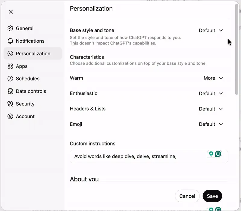 Personalization on ChatGPT