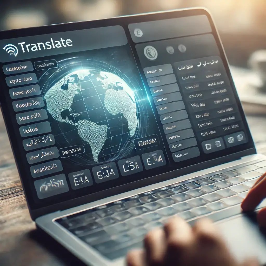 DALL·E 2025-01-30 13.19.35 - A laptop screen displaying a translation application. The screen shows the word Translate prominently on the interface. The design is sleek and modern