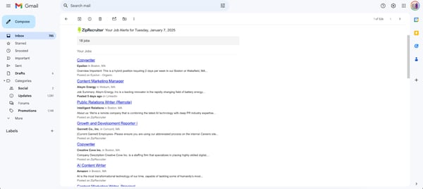 Daily job alert email sent by ZipRecruiter 