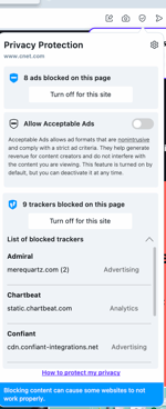 Details on Ads and trackers blocked on a page when using the Opera browser