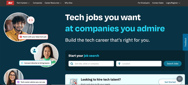 Dice’s home page with tech jobs mentioned everywhere