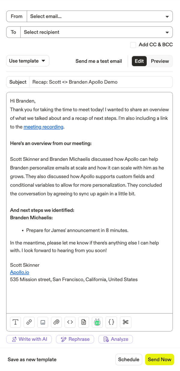 Draft email after meeting Apollo