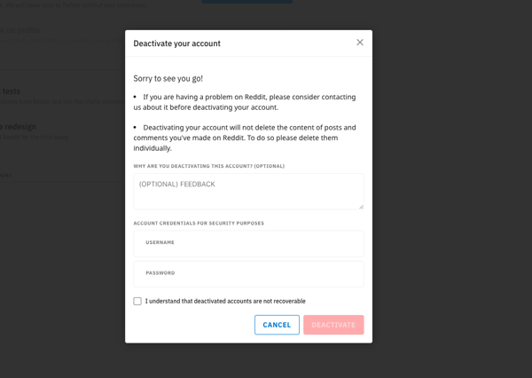 Enter your information and click delete reddit account