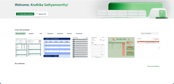 Excel Home Screen