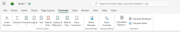 Excels dedicated Formulas tab with a categorized function library