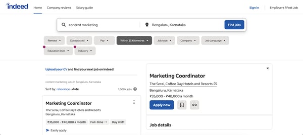 Extensive search filters on Indeed