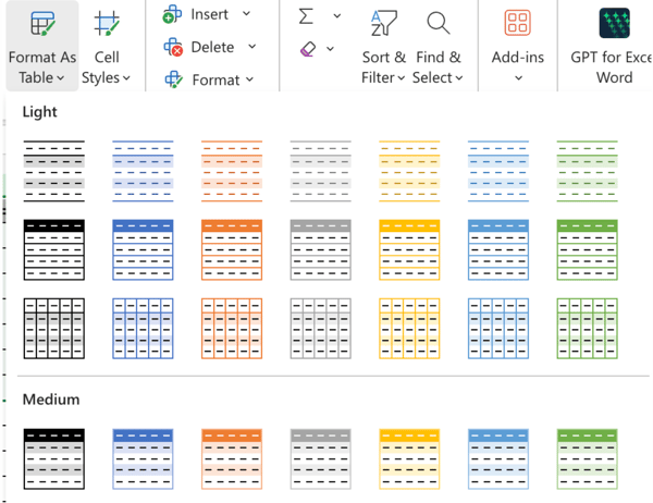 Format as Table on Excel