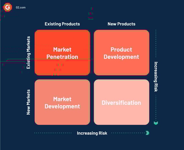 Ansoff Growth Matrix Strategies: market penetration, market development, product development, and diversification.