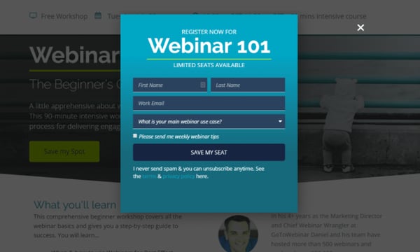 popup for webinar