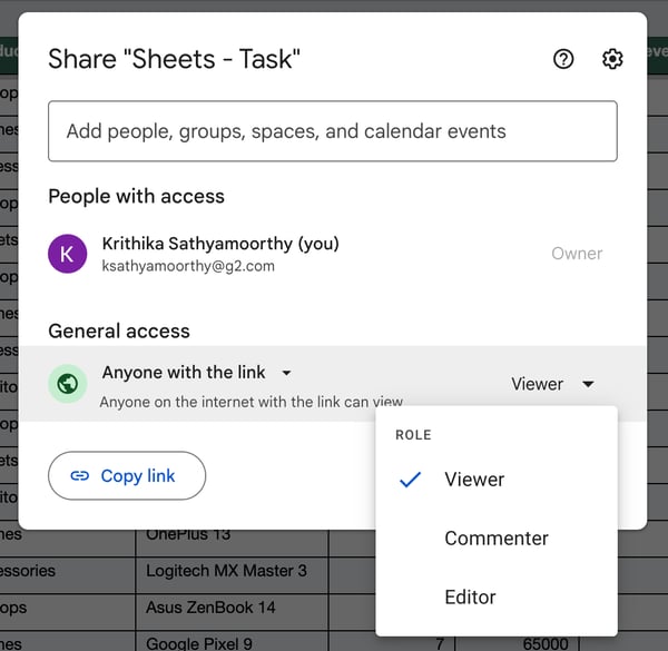 Google Sheets sharing- three permission levels including Commenter