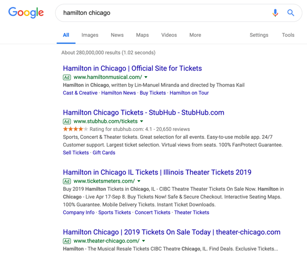 Example of PPC ads on the Google search results page