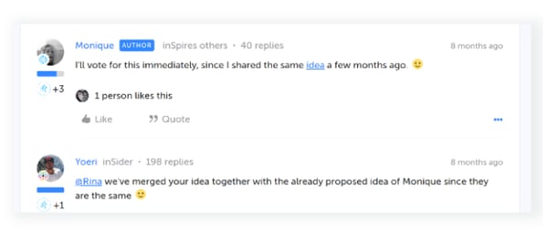 Example of upvoting on product ideation requests