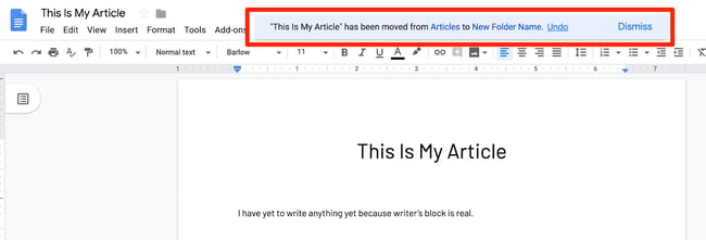 Confirmation in Google Docs of new folder