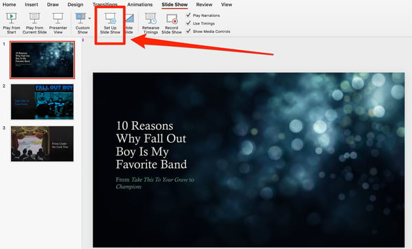 how to loop ppt slideshow Click Set Up Slide Show in PowerPoint