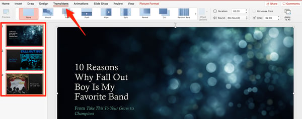 Select All Slides and Click Transitions