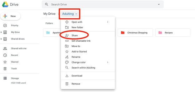 Click Share in Google Drive
