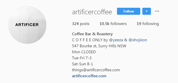 Artificer Coffee IG bio