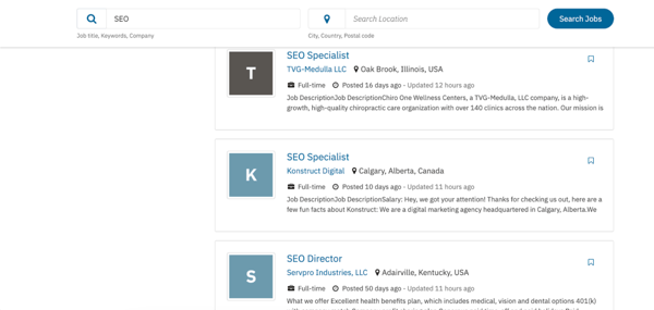 Job posts on Dice search results page