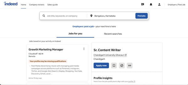 Jobs  for you tab on Indeed