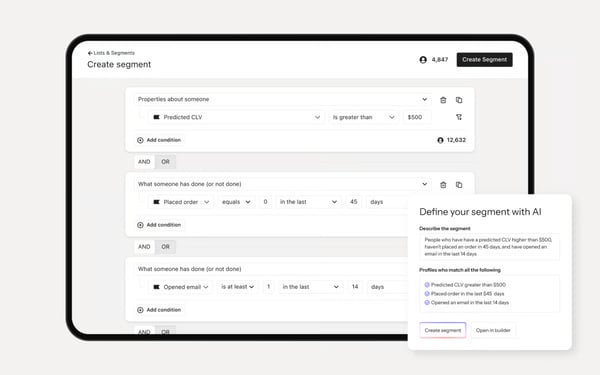 Klaviyo create segment interface