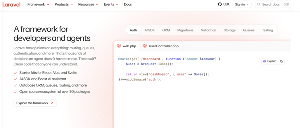 Laravel's expressive syntax and integrated tooling