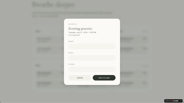 Lovable booking pop-up for the Evening practice class with name, email, and phone fields and a Save my spot button