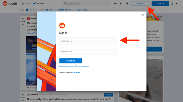 Log in to Reddit account