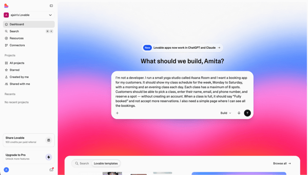 Lovable's home screen with the same yoga studio booking-app prompt entered in its chat box