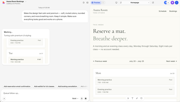 Lovable's preview of the restyled booking app with rounded schedule cards and a pill-shaped week navigator