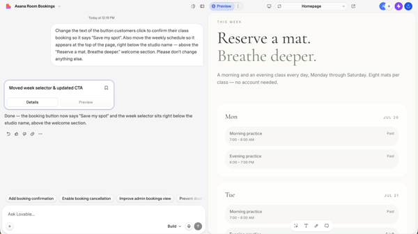Lovable chat confirming a moved week selector and renamed button, with the welcome section still above the schedule