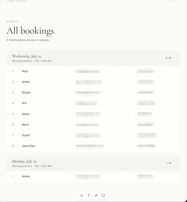 Lovable's All bookings page showing a Wednesday class filled to 8 of 8 spots and a Monday class at 1 of 8