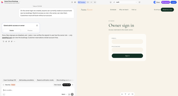 Lovable's owner sign-in page, with a chat note that new sign-ups are disabled and only the owner can view bookings