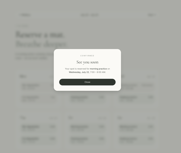 Lovable confirmation card reading See you soon, with the reserved class, date, and time and a Close button