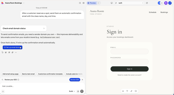 Lovable chat explaining confirmation emails need a sender domain, with a Set up email domain button