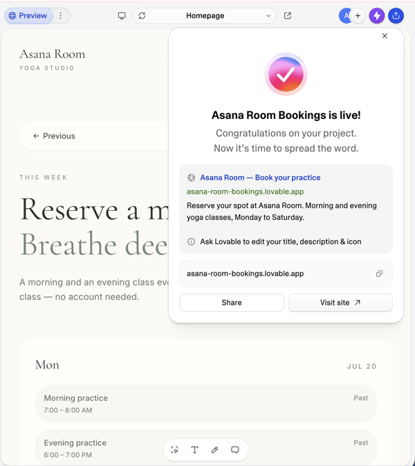 Lovable's Asana Room Bookings is live pop-up showing the lovable.app link with Share and Visit site buttons