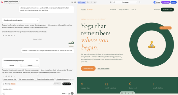 Lovable's restyled yoga booking homepage using the reference design's green circle, tilted badge, and two-tone headline