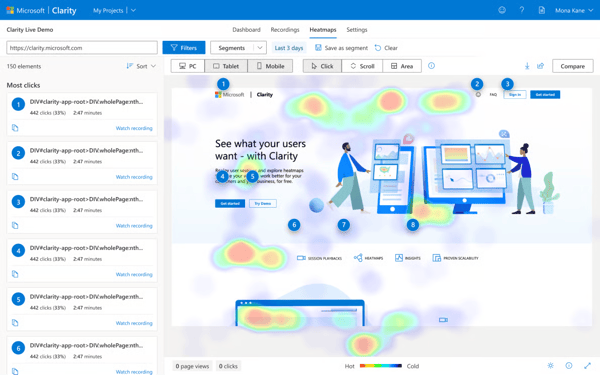 Microsoft Clarity heatmap analysis