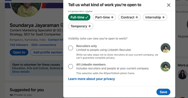 Open to Work settings on LinkedIn