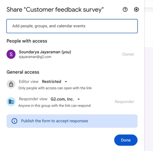 Options to sharing the survey form with my colleagues to invite them to collaborate