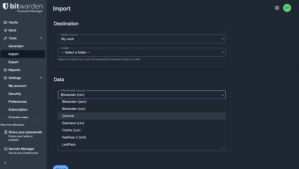 Password import on Bitwarden