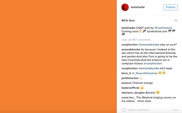 bella hadid fyre festival post